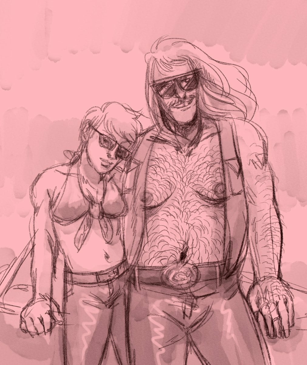 teresa and astral standing in front of a car, similar to the vibe of the movie natural born killers. she's smirking at the camera and astral has his arm wrapped around her shoulders. she's wearing a tie-over shirt and he's wearing big sunglasses and an open jacket, titties exposed.