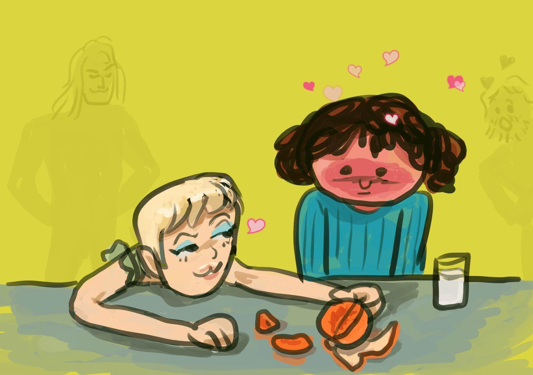 a cartoony picture of georgie blushing while teresa teasingly offers her an orange