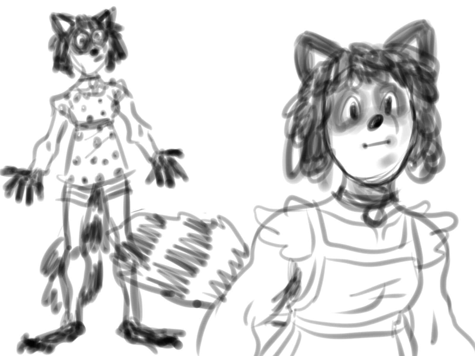 a scraggly picture of a raccoon creature and a georgie bust up portrait. she looks like a furry or an anthropomorphic character from the tv show arthur.