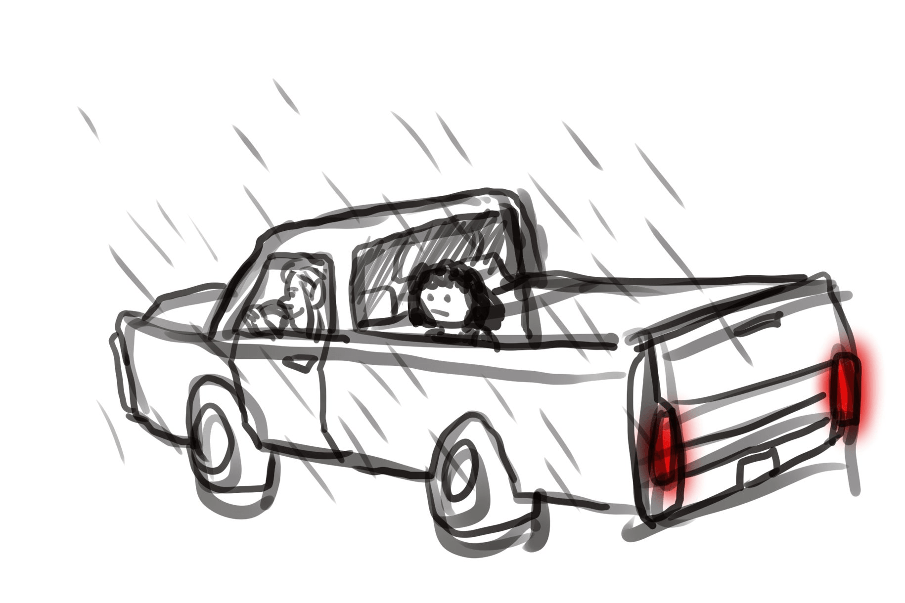 silly doodle of georgie in the back of a truck getting driven away in the rain