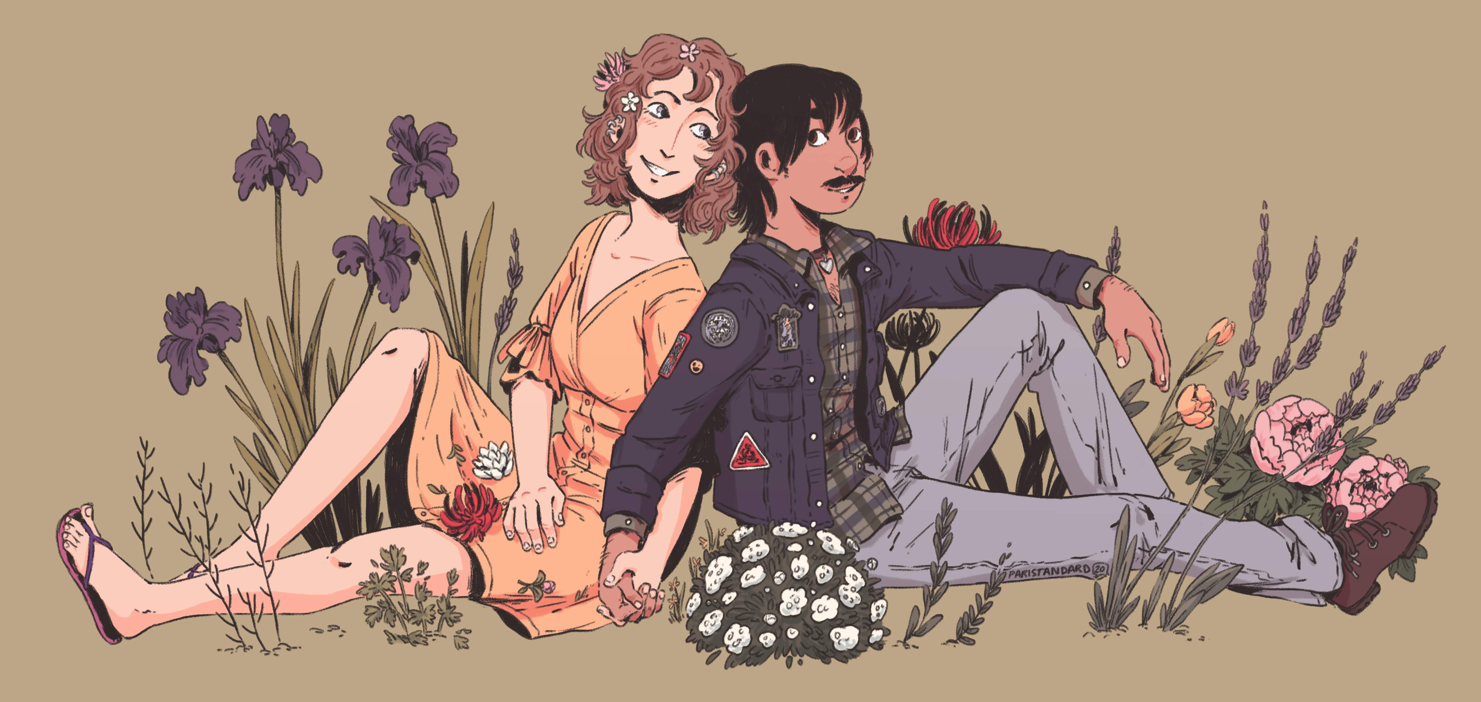 georgie and mac leaning back to back, holding hand, surrounded by flowers