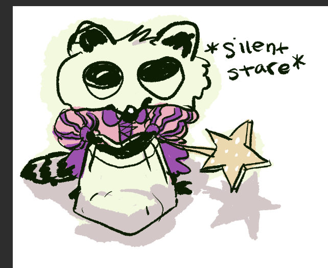 raccoon with very large eyes wearing a pretty pink dress with ruffled sleeves and holding a wand with a large star at the end and a trick or treat bag. text reads *silent stare*