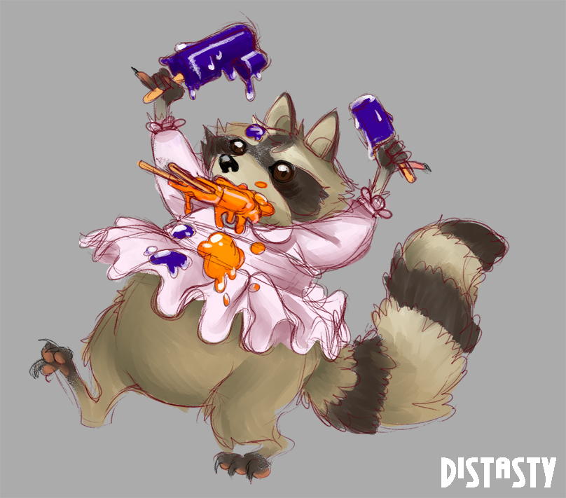 raccoon georgie in the same pink dress waving around two purple popsicles with an orange popsicle in her mouth, there is a huge mess of popsicle