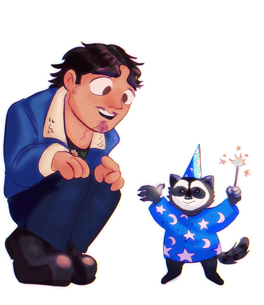 raccoon georgie holding a wand wearing the same hat and wizard robes with her hands raised while mac kneels down and looks at her with amazement