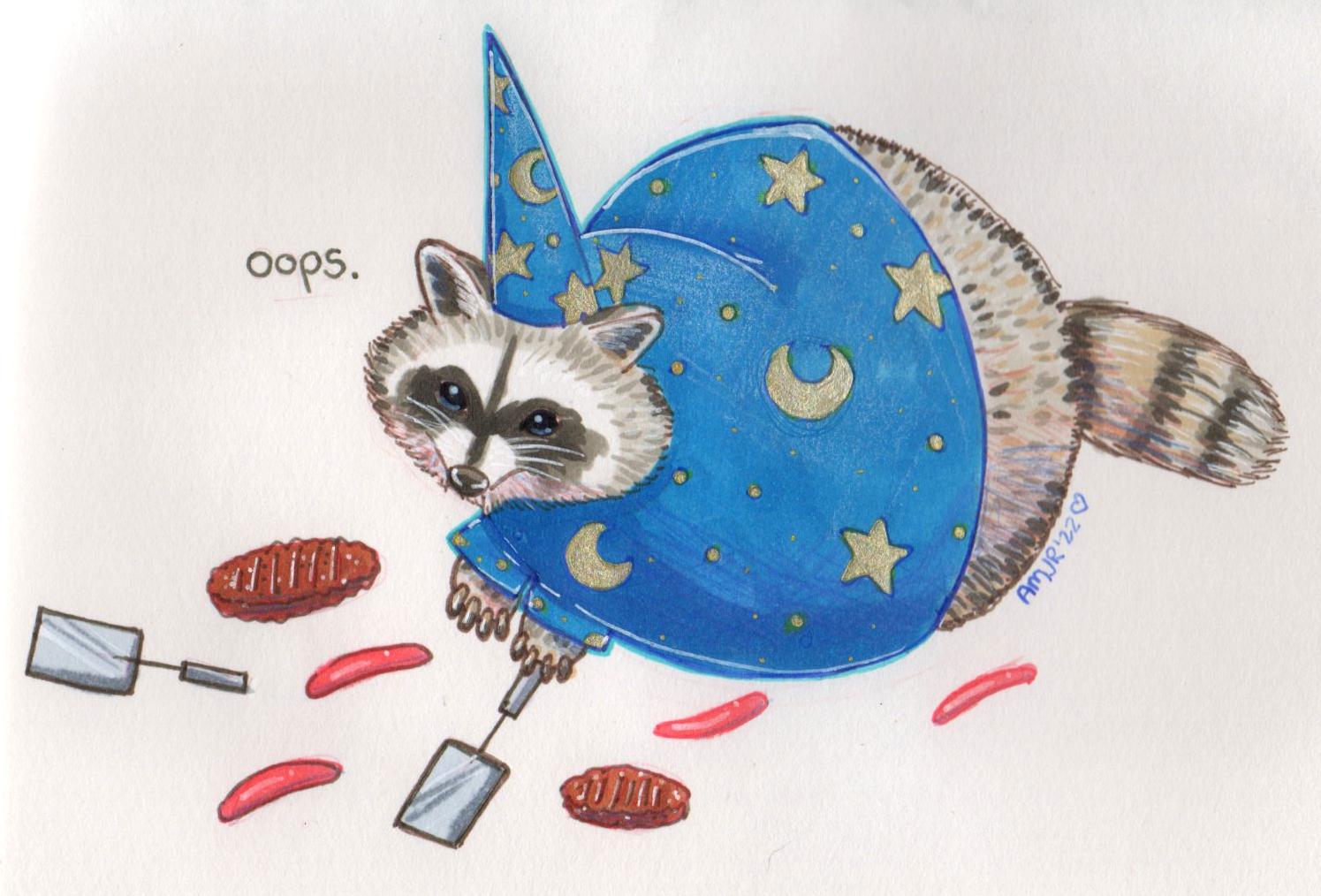 traditional drawing of raccoon georgie in the same robes and hat, but all the meats have fallen to the floor. 'oops'. 