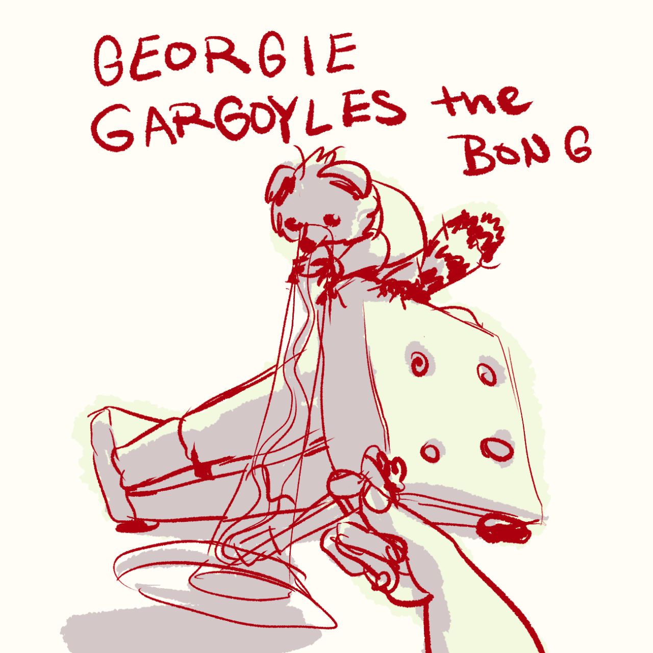 a raccoon wearing a collar and an overly large tshirt stands on an arm rest with a long-necked bong posed against her mouth. the text at the top says georgie gargoyles the bong