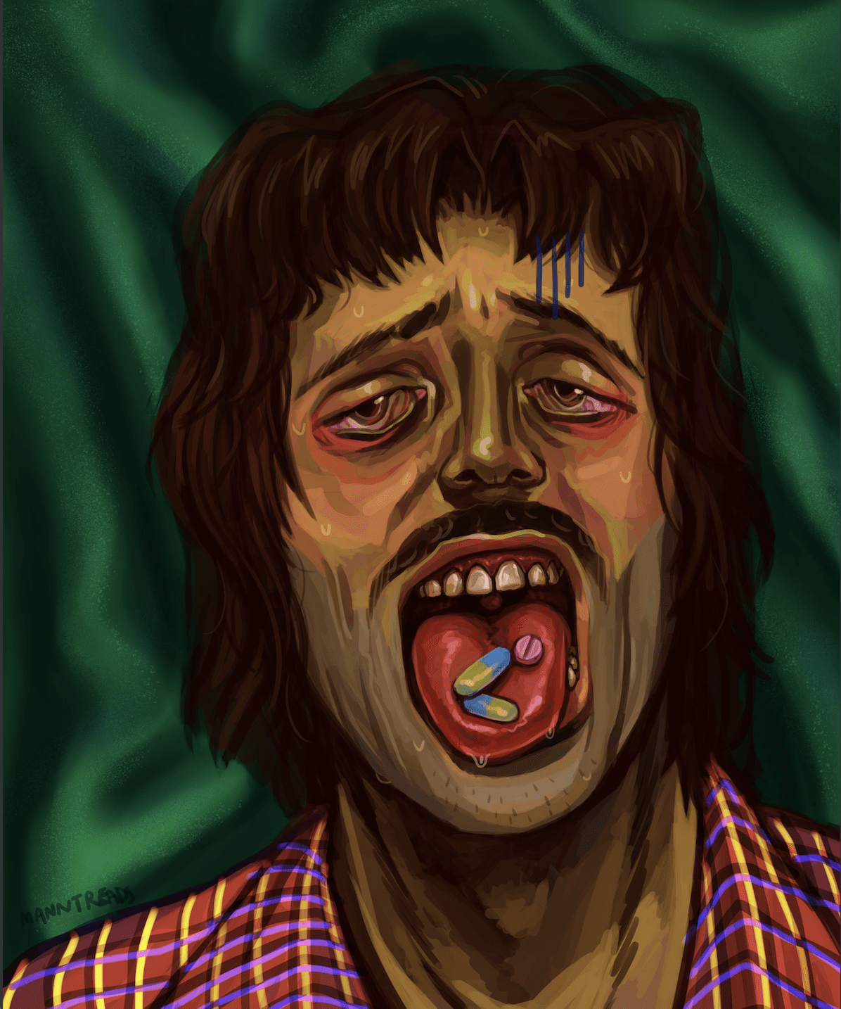 mac, sweaty, with a collection of pills on his tongue