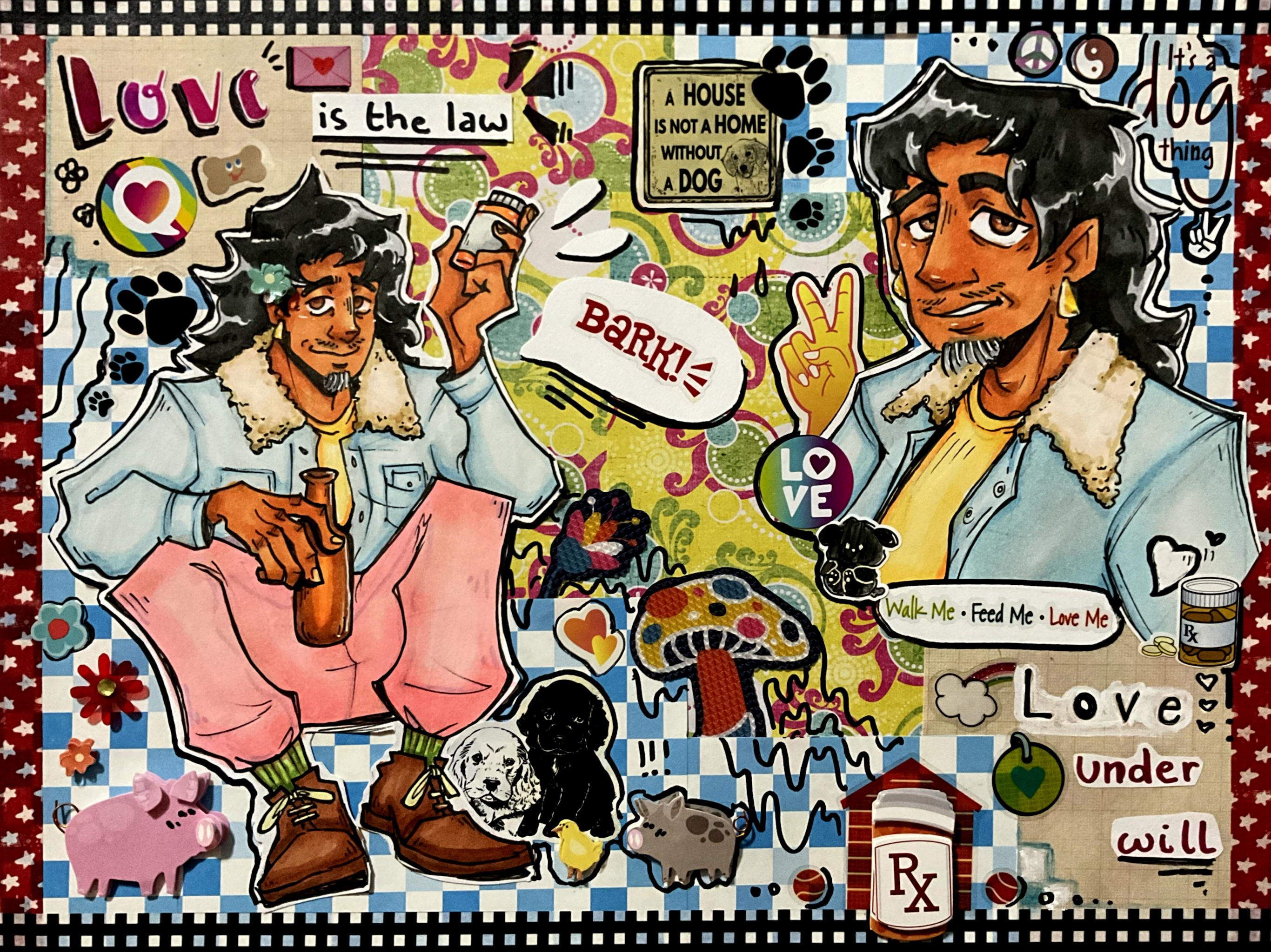 mac collage featuring a blue checkerboard background, a fullbody portrait of him wearing sherpa lined denim jacket and pink pants and green socks, and a bust portrait, with a dog motif and mushrooms and pills and farm animals. he has a speech bubble that says 'bark' and the text 'love is the law, love under will'