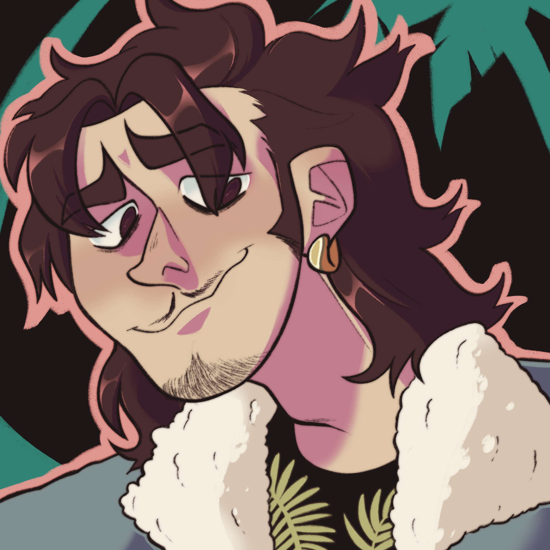 bust of mac wearing his sherpa-lined denim jacket and a gold earring with a crooked smile against a black background with a palm tree