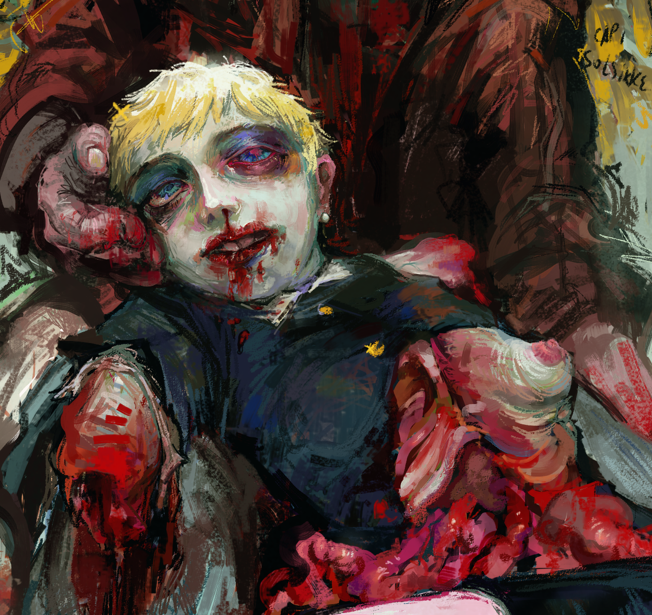 detail of the preceding pic zoomed in on teresa's face. she's wearing her usual makeup of blue eyeshadow with red lip but there's blood from her mouth and nose