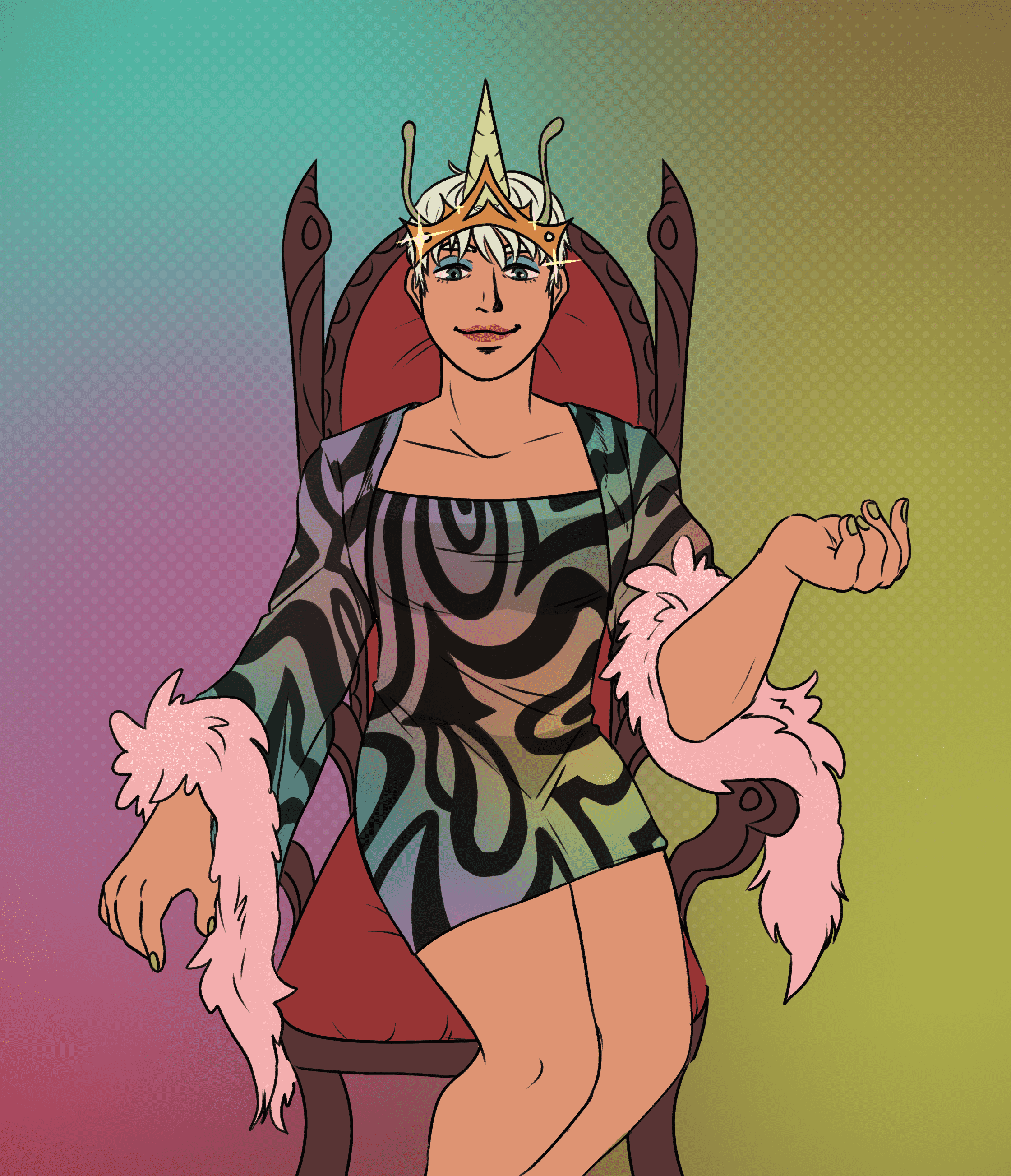 teresa wearing a psychedelic see-through dress and a crown in a beautiful throne, she has antennae and unicorn horn