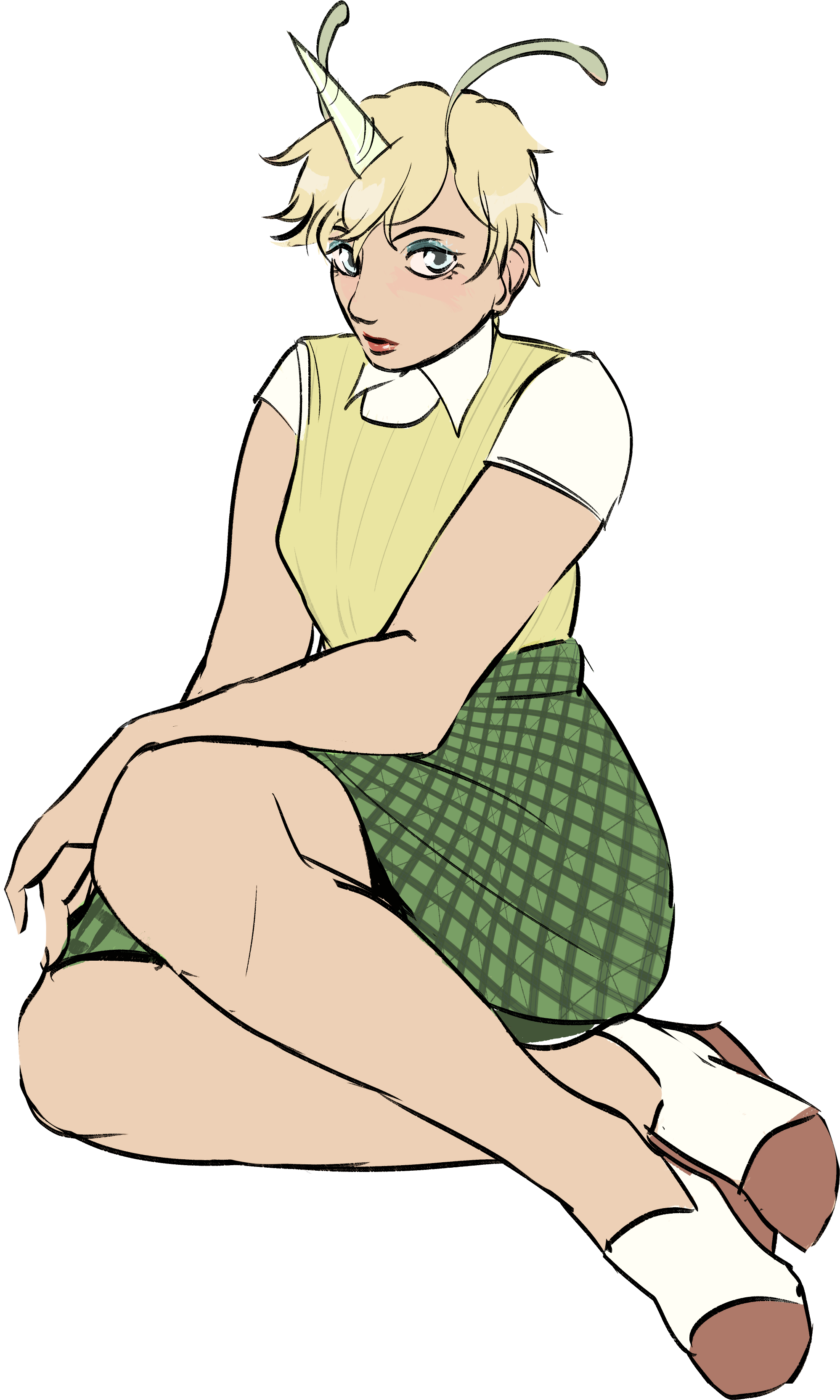 teresa with beautiful anime eyes in a green checkerboard skirt, white short sleeve shirt with collar, and pale yellow vest, as she lies demurely on the ground