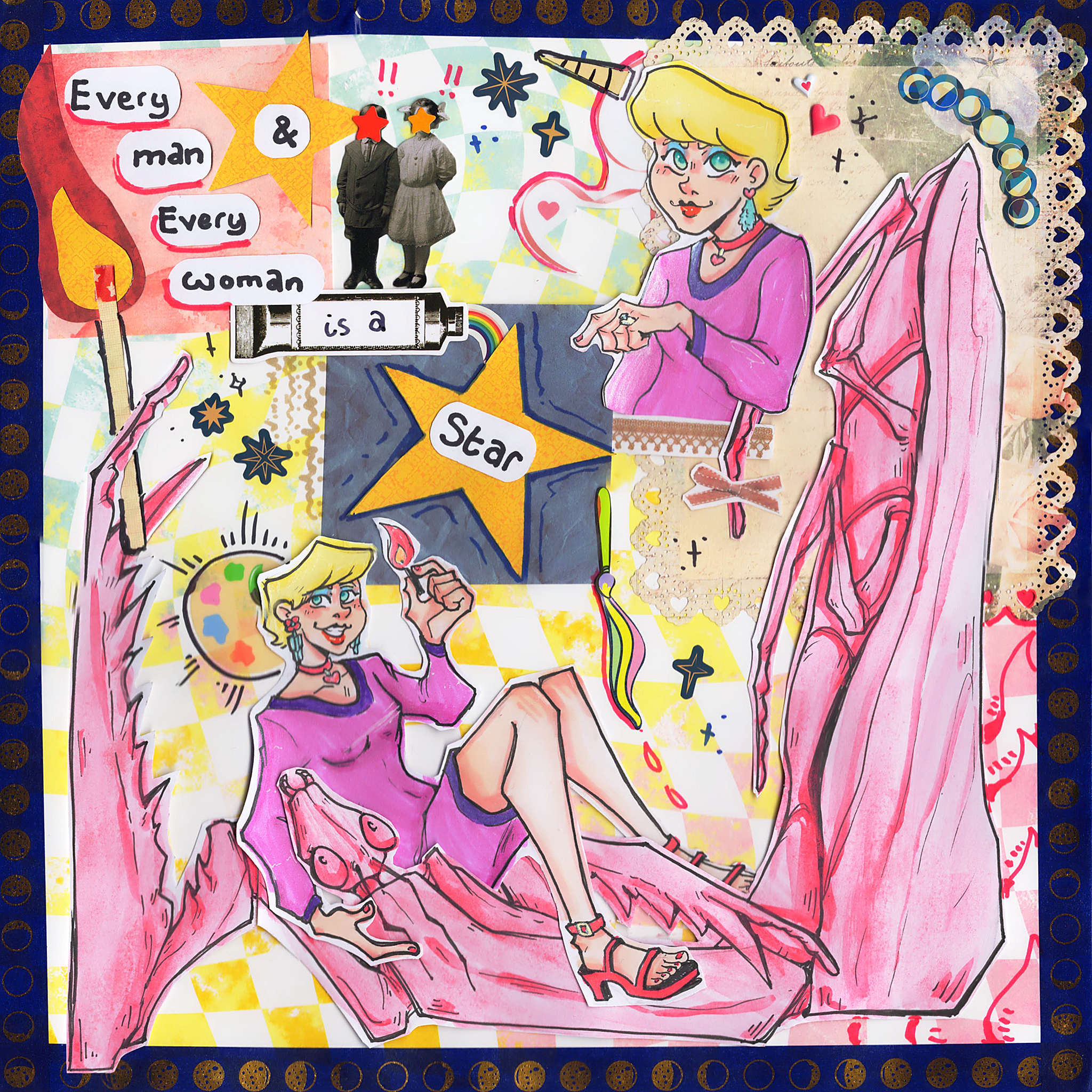 mixed media collage of teresa. there's a fullbody portrait of her wearing a hot pink dress with purple hems, flower earrings, a choker with a heart pendant, with pink sandles with ankle straps and a short heel, she's holding a lit match in one hand and lying down while holding the head of a huge pink praying mantis that frames one corner. the praying mantis is also holding a lit match. there's also a portrait of her in the same outfit and a wedding ring with a unicorn horn. text reads 'every man & every woman is a star'. tiny black and white picture of a boy and girl with stars over there faces. there are painting/paints, stars, moons, and hearts motif