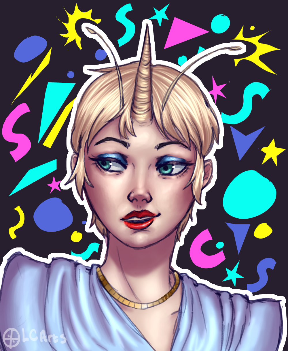 bust of teresa with antenna and horn protruding from her head; she's wearing a gold chain and blue eyeshadow and red lipstick. the background is filled with colorful shapes