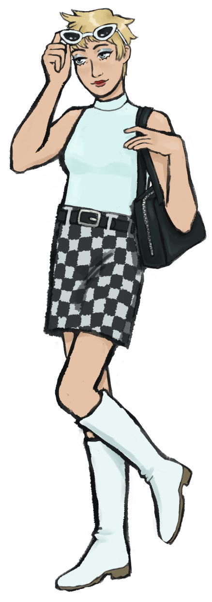 teresa wearing a checkerboard skirt and a purse and white boots and white sunglasses, she is lifting her sunglasses, one foot up, looking cute