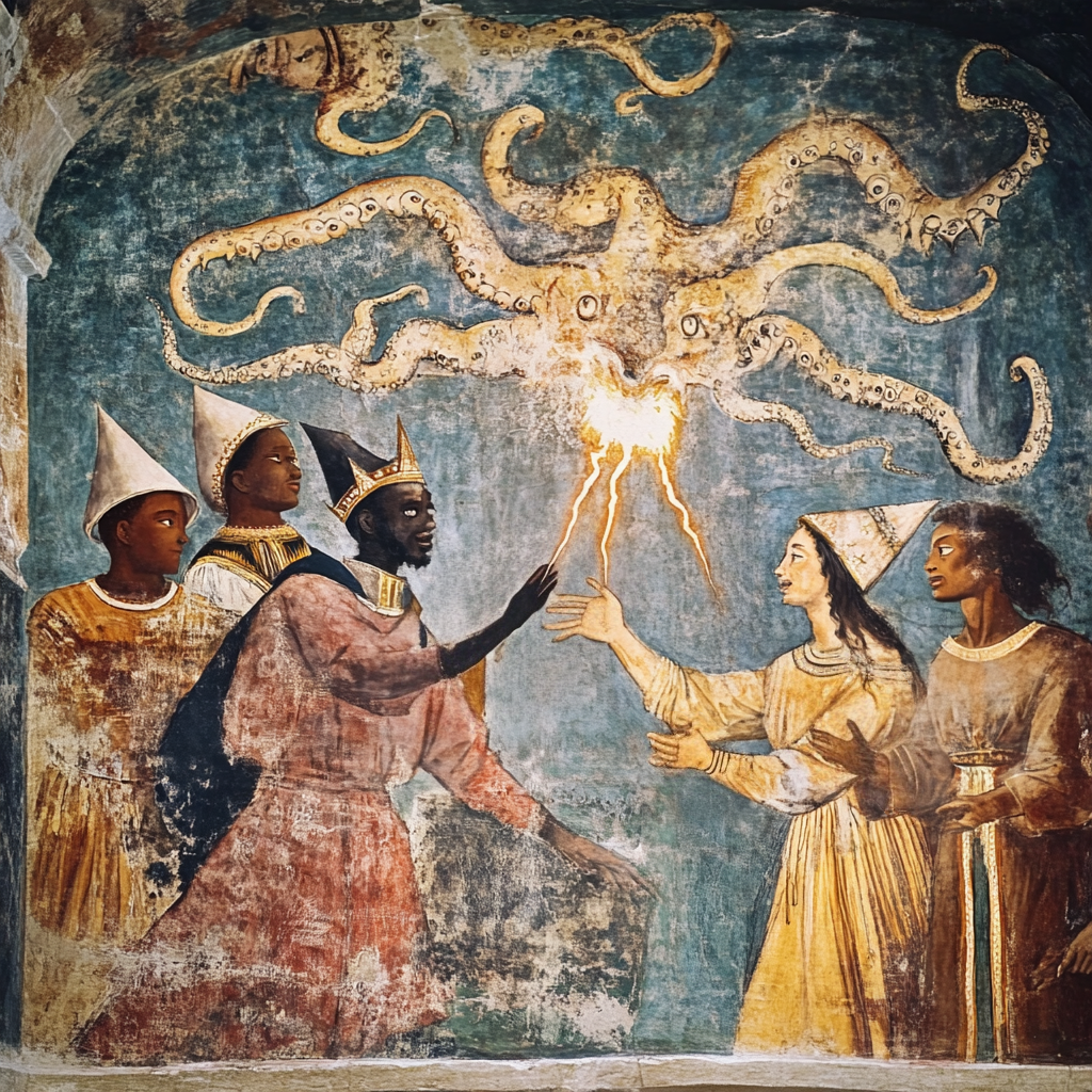 a medieval fresco of wizards consulting an orb of light erupting with tentacles