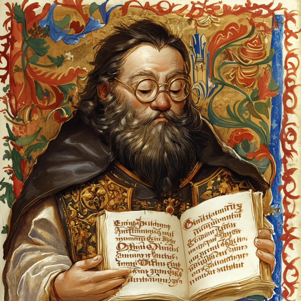 a bearded dwarf wearing glasses holding an illuminated manuscript