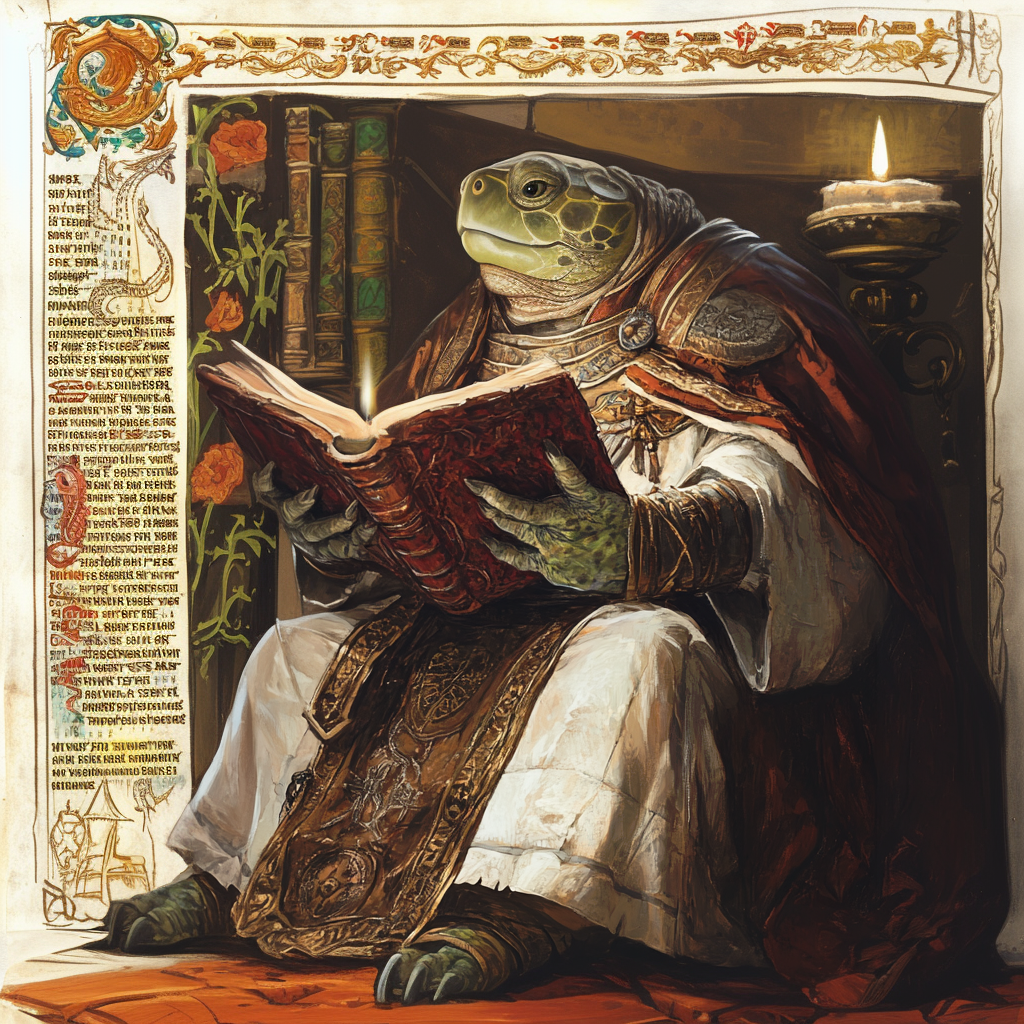 a large turtle wearing priestly vestments holding an illuminated manuscript