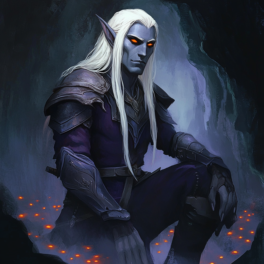 a drow man with long hair surrounded by glowing orange mushrooms in a dark cave