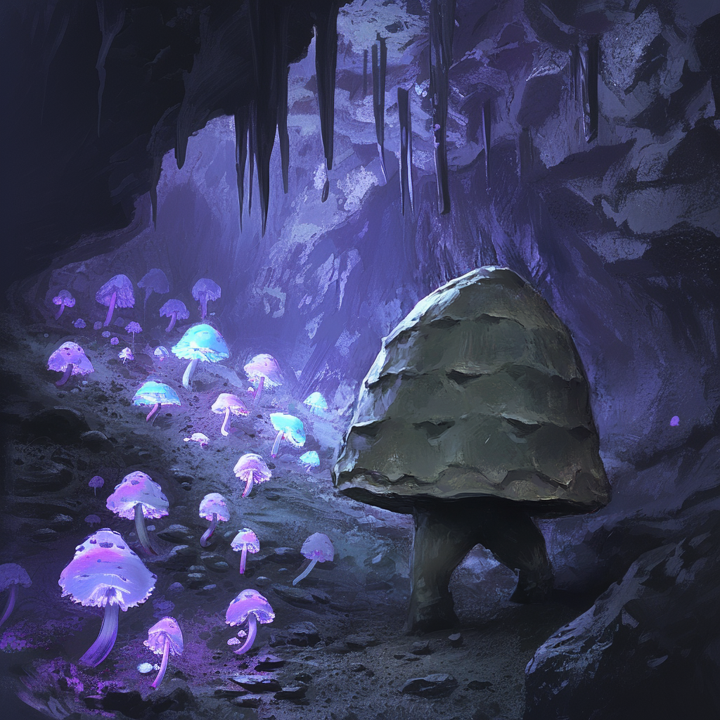 a large mushroom on two legs walking in a dark cave with glowing mushrooms