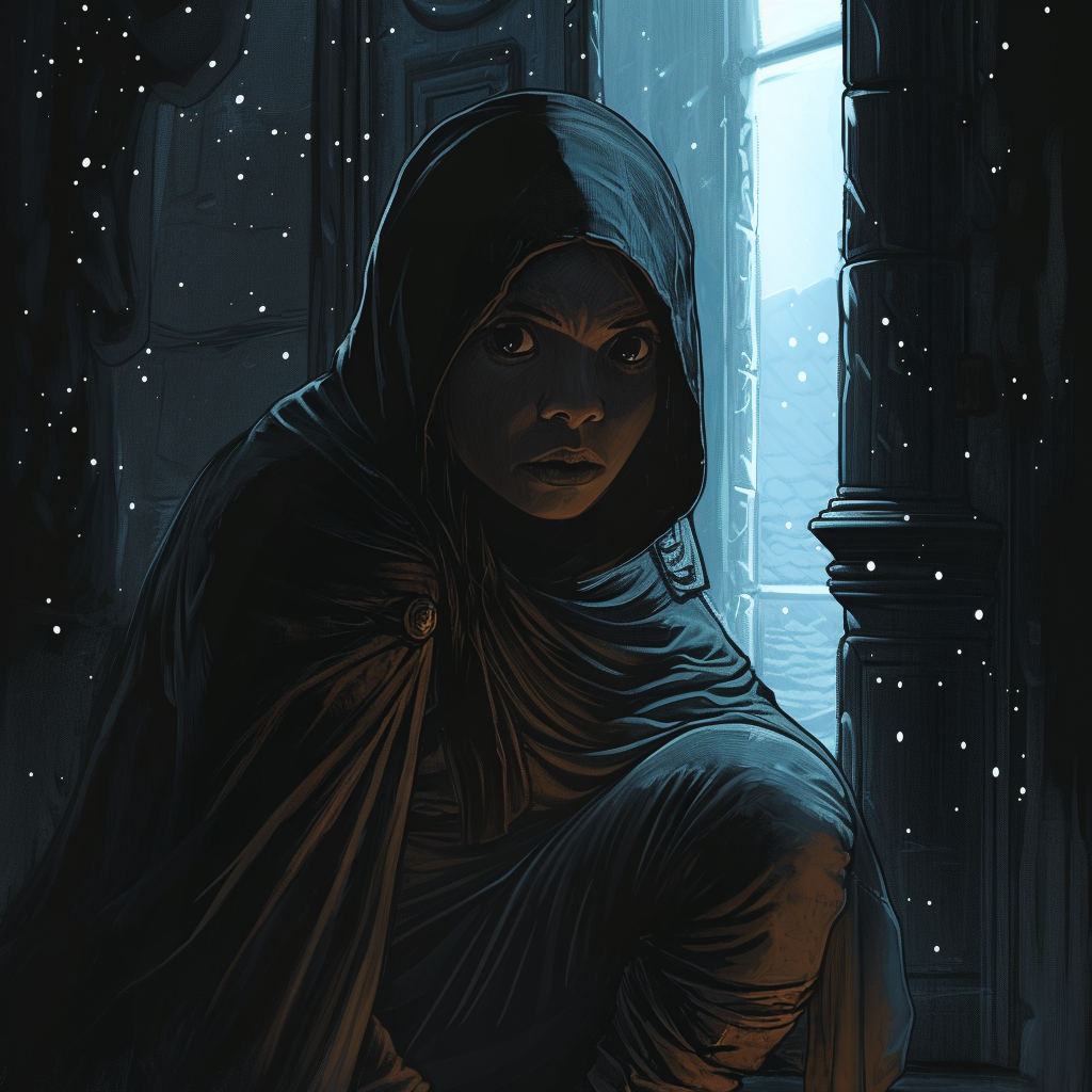 a black halfling woman wearing rogue's robes crouching in front of a window at night