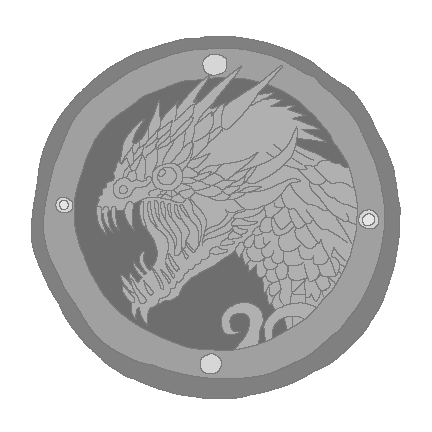 a silver coin with a face of a creature resembling a dragon with four eyes with its jaws open wide