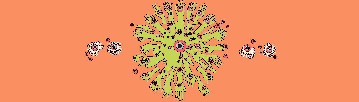 a wheel of hands covered with eyes and additional eyes like stars