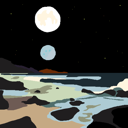 two moons, one white and the other blue, floating in the sky above a rocky beach landscape