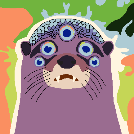 bust of Sumiga, a purple teronura (creature resembling a giant otter with scales that cover the top of their head and four eyes) with an extra fifth eye in the center of their forehead