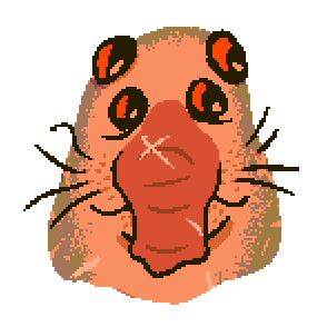 head of an orange and brown sela creature with four eyes, trunk-like nose, and whiskers