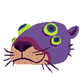 head of an otter like creature with purple skin and a purple and tan muzzle with whiskers and four protruding green eyes