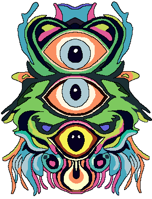 complex drawing of four eyes aligned vertically surrounded by tendrils of various colors