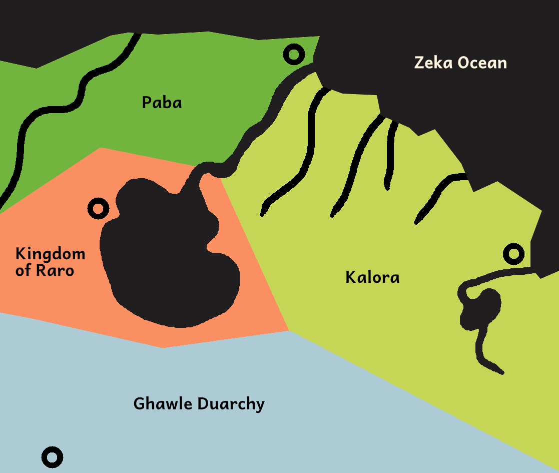 the northeast continent of zige featuring the kalora region with various rivers and a small lake, the paba region bordering it to the north with one major river, and kingdom of raro with the large inland sea, and the ghawle duarchy to the south