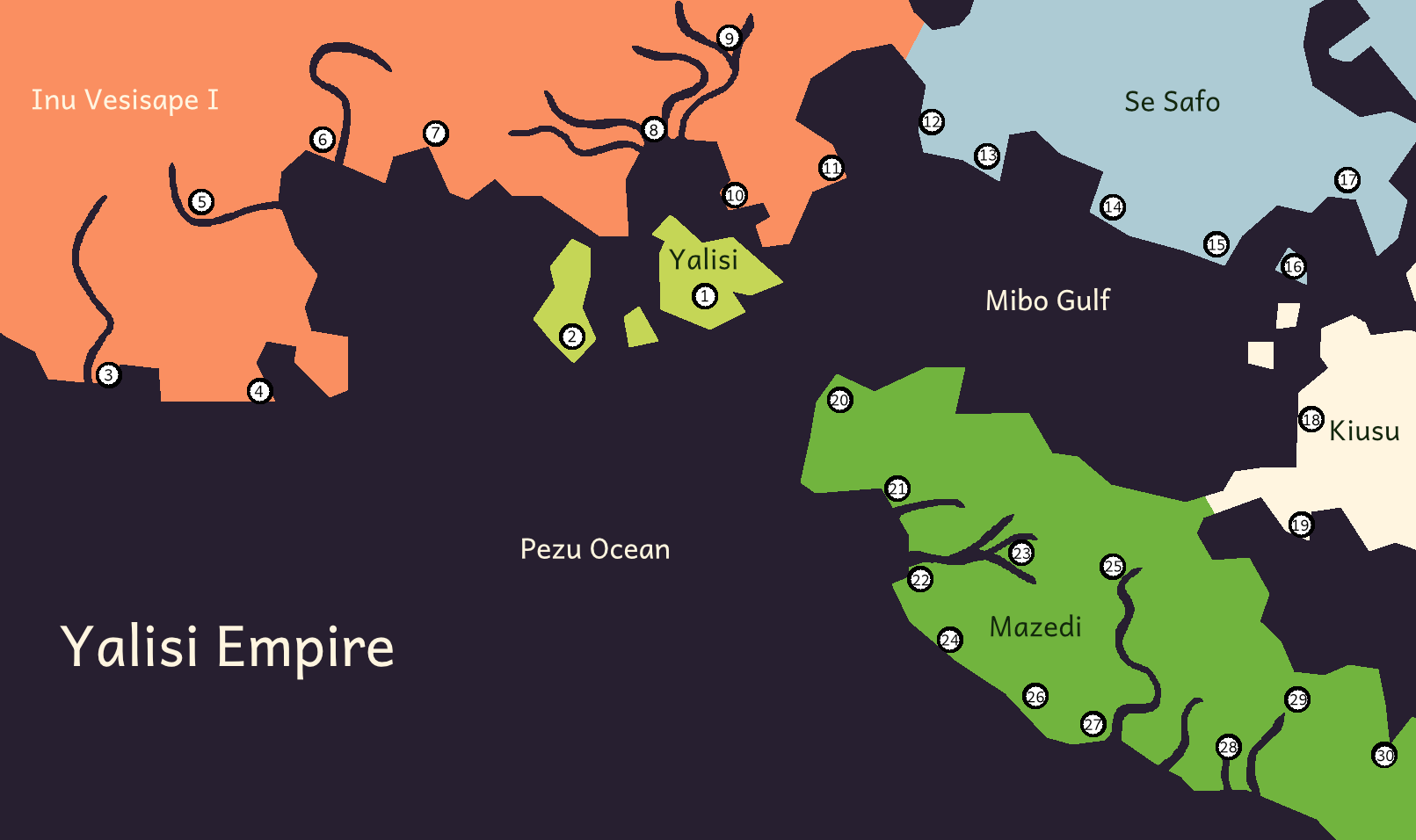 map of the yalisi empire which centers around three large islands in the middle of the pezu ocean, there is a region in the north, the southern part of a large continent, a small landmass to the east that makes up the se safo region, another landmass to the east that makes up the edge of the kiusu region, and a large peninsula connected to kiusu called mazedi